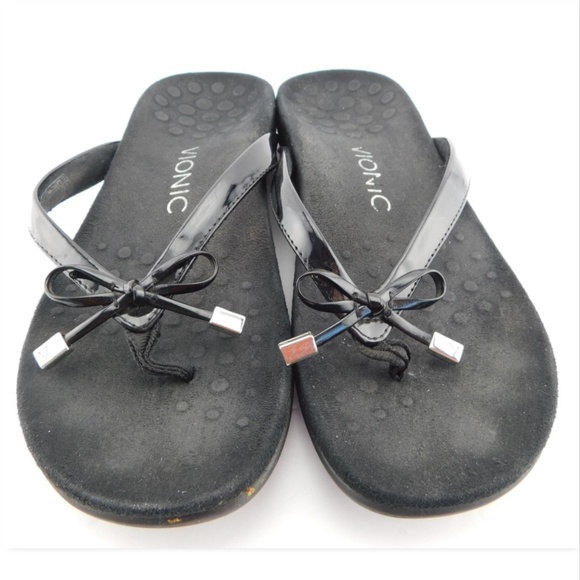 VIONIC ORTHAHEEL Black Patent Bow thong Sandals 6 - Picture 2 of 3